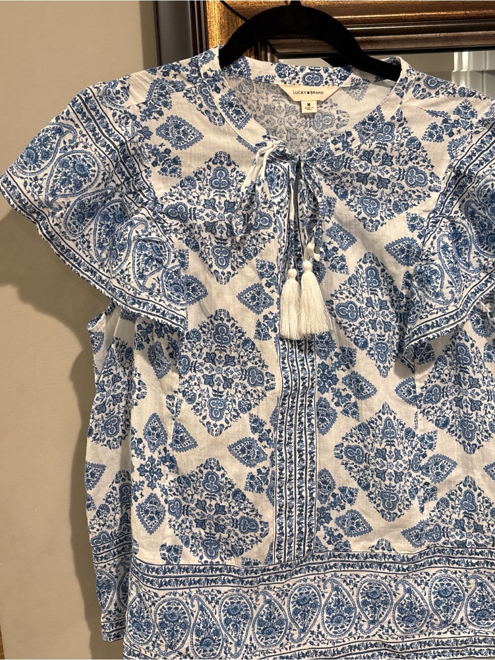 Lucky Brand Blue & White Tassel Tie Peasant Blouse